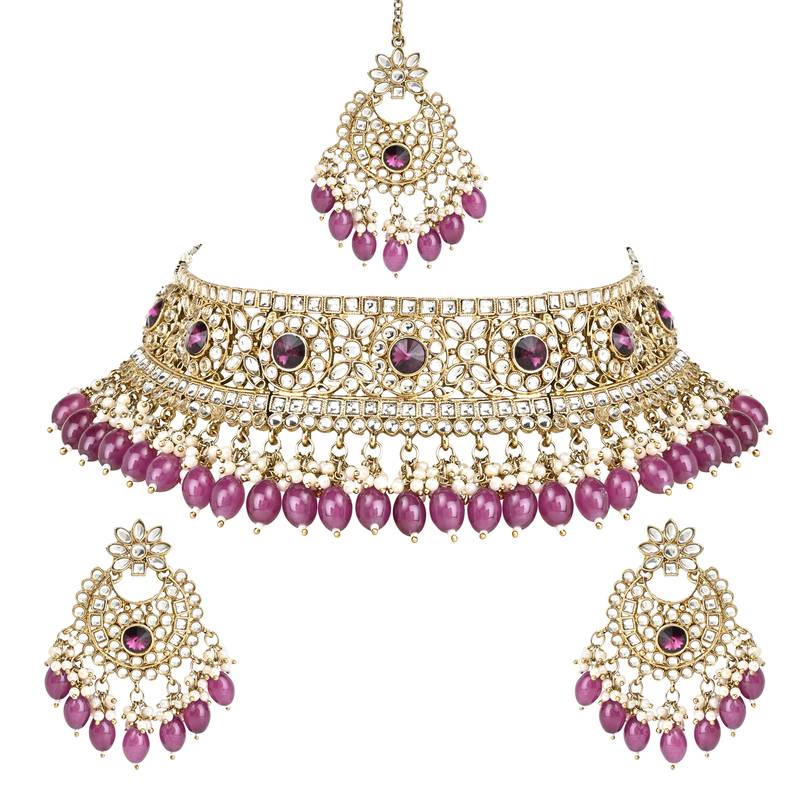 Traditional Kundan Pearl Hanging Choker Necklace Jewellery Set With Earrings & Maang Tikka