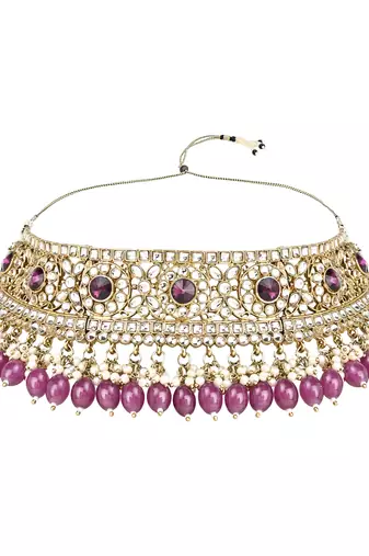 Traditional Kundan Pearl Hanging Choker Necklace Jewellery Set With Earrings & Maang Tikka