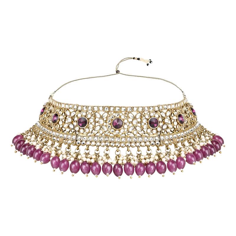 Traditional Kundan Pearl Hanging Choker Necklace Jewellery Set With Earrings & Maang Tikka