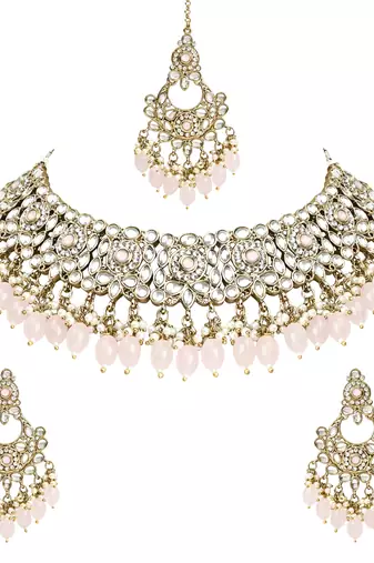 Traditional Kundan Pearl Drop Bridal Choker Necklace With Chandbali Earrings & Maang Tikka Jewellery Set