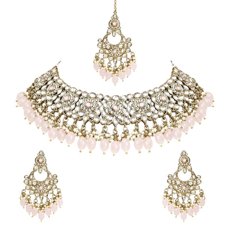 Traditional Kundan Pearl Drop Bridal Choker Necklace With Chandbali Earrings & Maang Tikka Jewellery Set