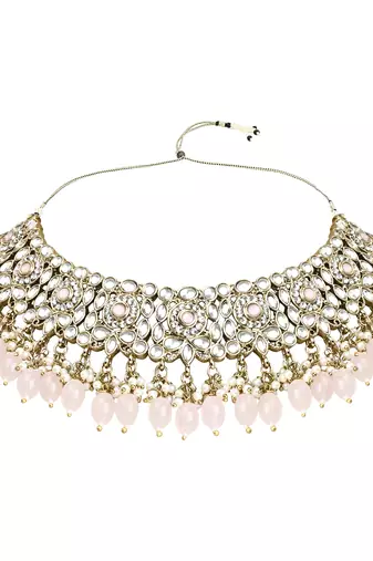 Traditional Kundan Pearl Drop Bridal Choker Necklace With Chandbali Earrings & Maang Tikka Jewellery Set