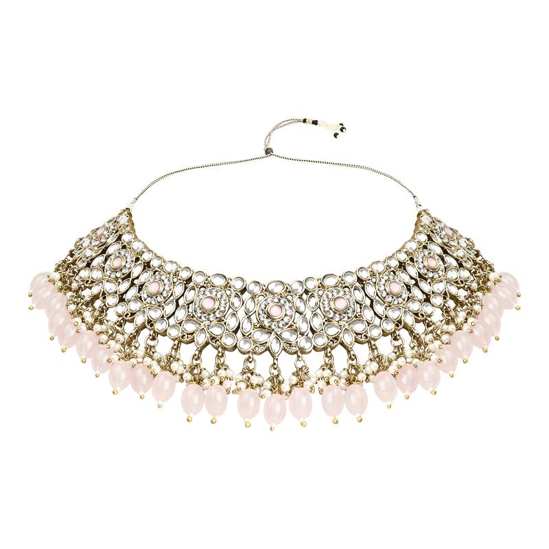 Traditional Kundan Pearl Drop Bridal Choker Necklace With Chandbali Earrings & Maang Tikka Jewellery Set