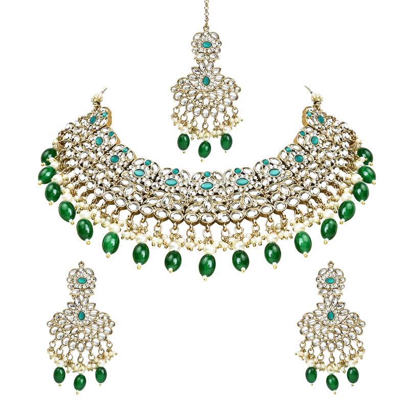 Traditional Kundan Pearl Drop Bridal Choker Necklace With Chandbali Earrings & Maang Tikka Jewellery Set