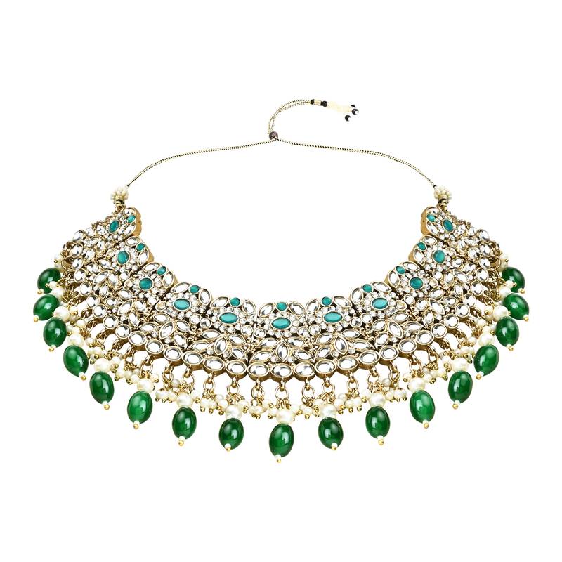 Traditional Kundan Pearl Drop Bridal Choker Necklace With Chandbali Earrings & Maang Tikka Jewellery Set