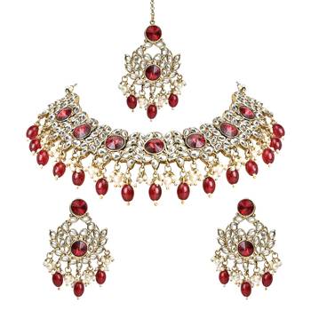 Traditional Kundan Pearl Drop Bridal Choker Necklace With Chandbali Earrings & Maang Tikka Jewellery Set 2