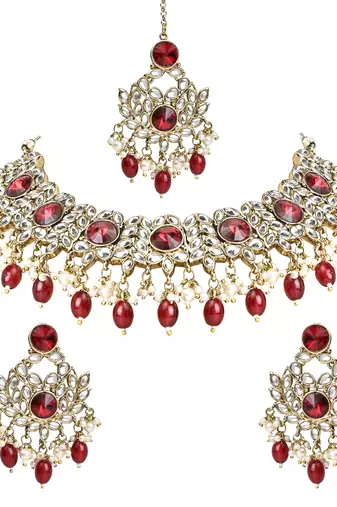 Traditional Kundan Pearl Drop Bridal Choker Necklace With Chandbali Earrings & Maang Tikka Jewellery Set