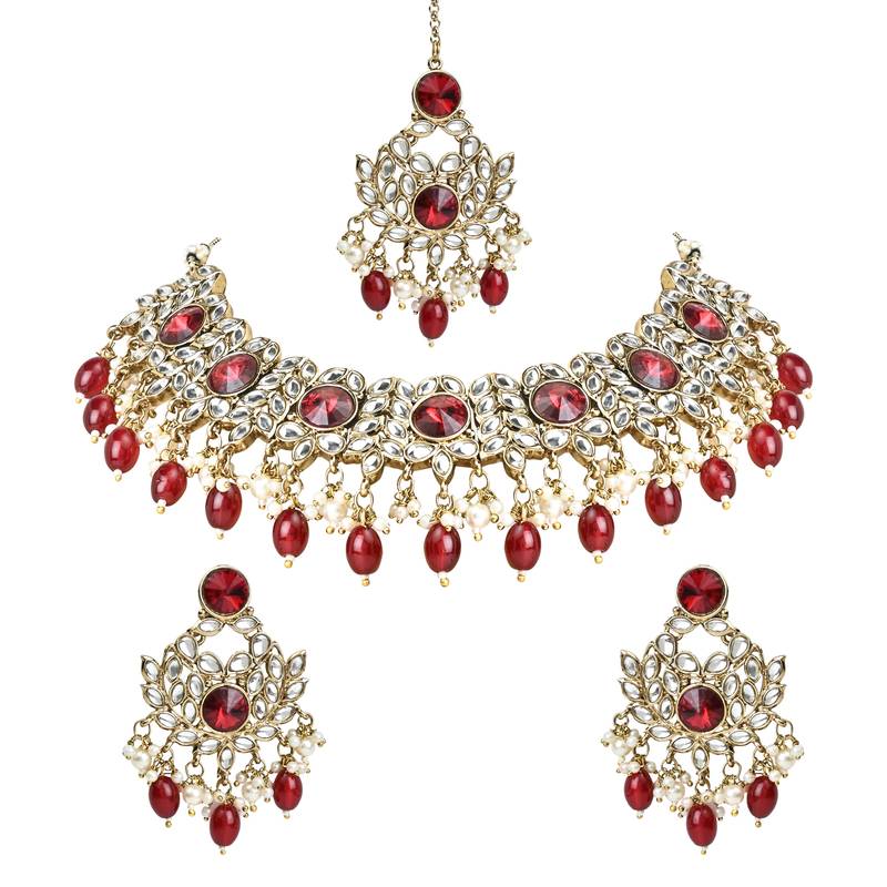 Traditional Kundan Pearl Drop Bridal Choker Necklace With Chandbali Earrings & Maang Tikka Jewellery Set