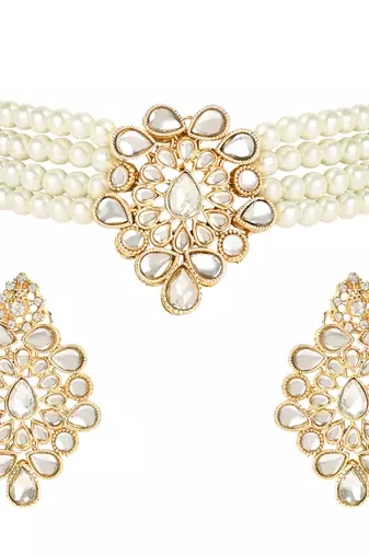 Traditional Kundan Handcrafted Pearl Choker Necklace Jewellery With Earrings Set