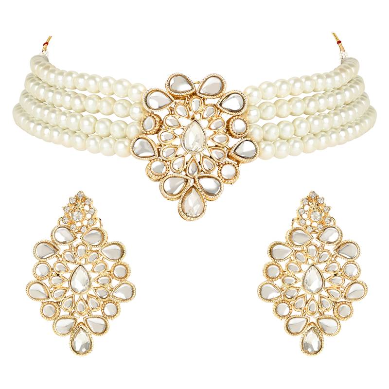 Traditional Kundan Handcrafted Pearl Choker Necklace Jewellery With Earrings Set