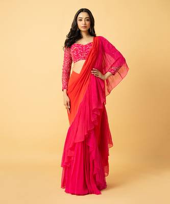 Pink & orange georgette ruffle saree set 1