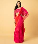 Pink & orange georgette ruffle saree set