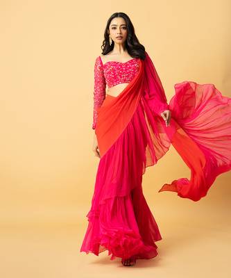 Pink & orange georgette ruffle saree set 2