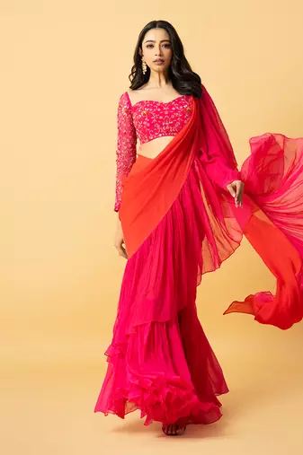 Pink & orange georgette ruffle saree set