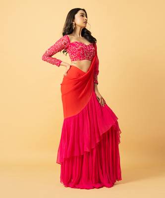 Pink & orange georgette ruffle saree set 3