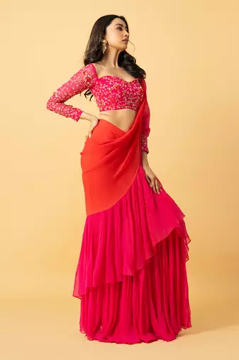 Pink & orange georgette ruffle saree set