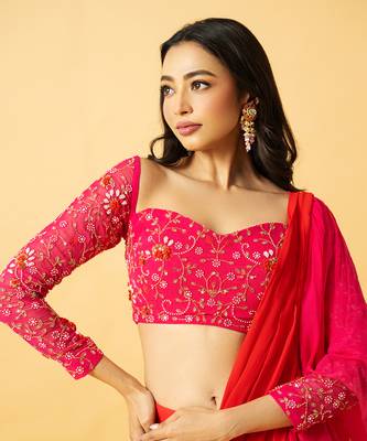 Pink & orange georgette ruffle saree set 4