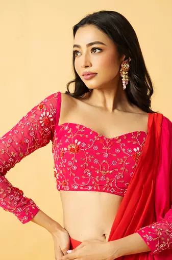 Pink & orange georgette ruffle saree set
