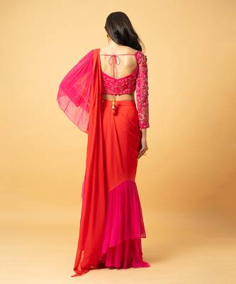 Pink & orange georgette ruffle saree set 5