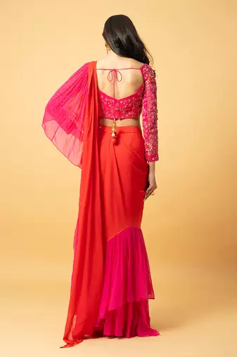 Pink & orange georgette ruffle saree set