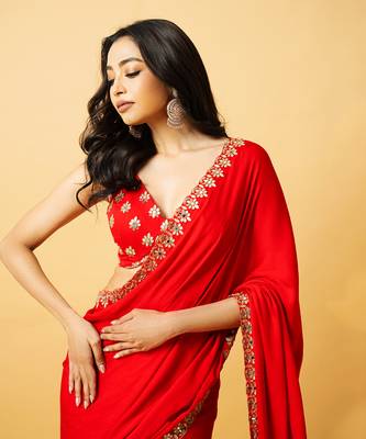 Red modal satin saree set 2