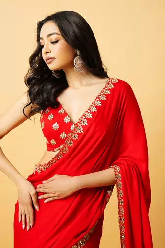 Red modal satin saree set