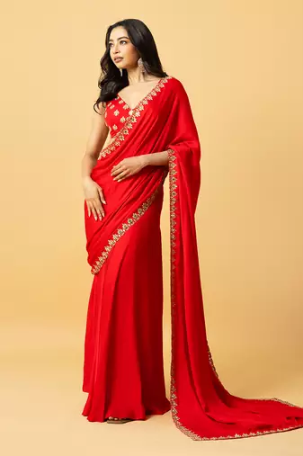 Red modal satin saree set