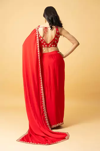 Red modal satin saree set