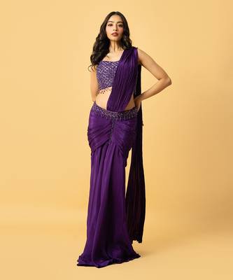 Violet crepe saree set 1