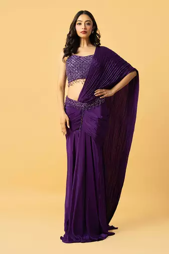 Violet crepe saree set