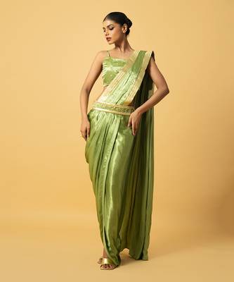 Mint green modal satin dhoti saree set 1