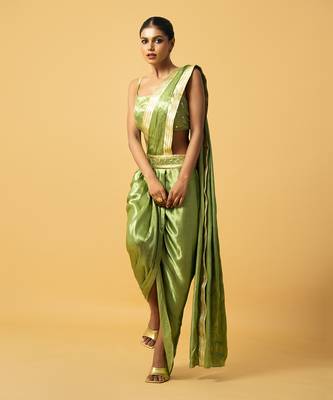 Mint green modal satin dhoti saree set 2
