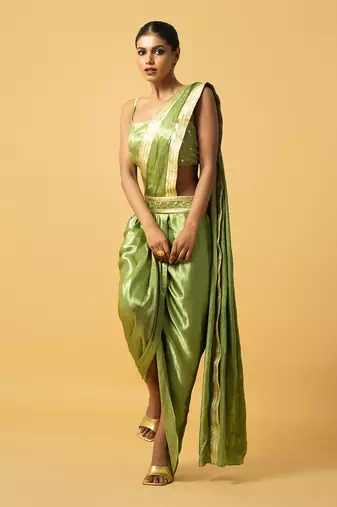 Mint green modal satin dhoti saree set