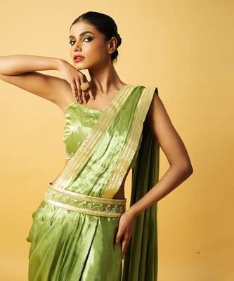 Mint green modal satin dhoti saree set 3