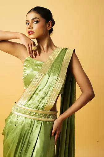Mint green modal satin dhoti saree set