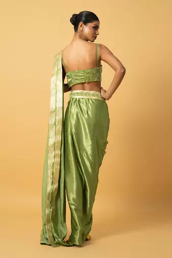 Mint green modal satin dhoti saree set