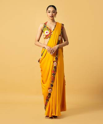 Golden yellow modal satin saree set 1