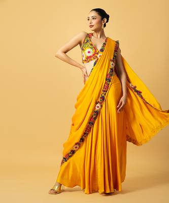 Golden yellow modal satin saree set 2