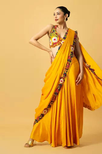 Golden yellow modal satin saree set