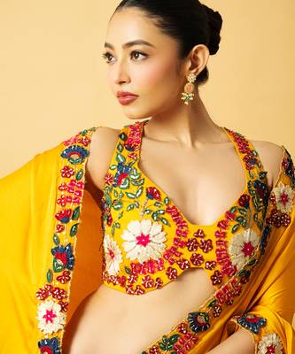 Golden yellow modal satin saree set 3