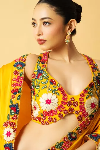 Golden yellow modal satin saree set