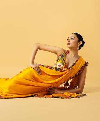 Golden yellow modal satin saree set 4