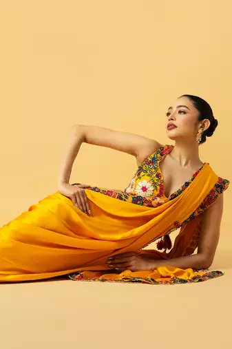 Golden yellow modal satin saree set