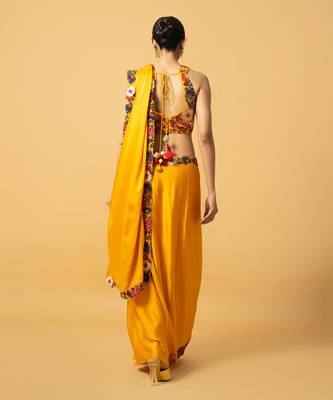 Golden yellow modal satin saree set 5