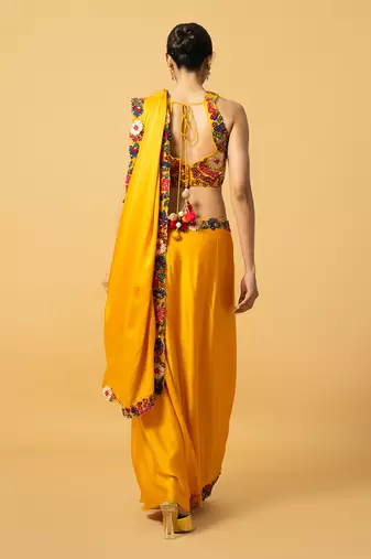 Golden yellow modal satin saree set