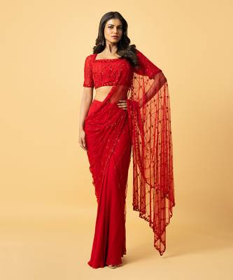 Red soft net & georgette saree set 2