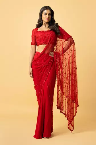 Red soft net & georgette saree set