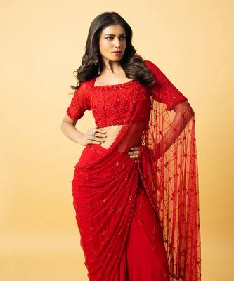 Red soft net & georgette saree set 3