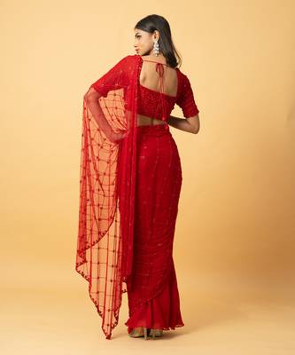 Red soft net & georgette saree set 5