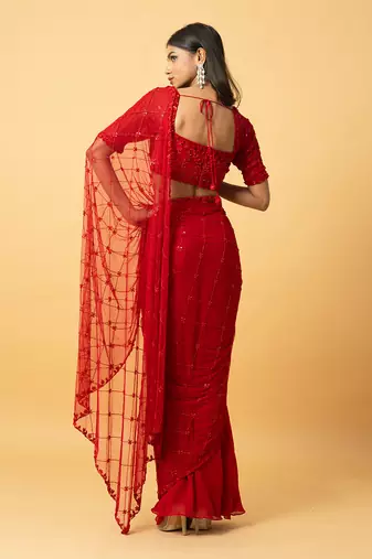 Red soft net & georgette saree set